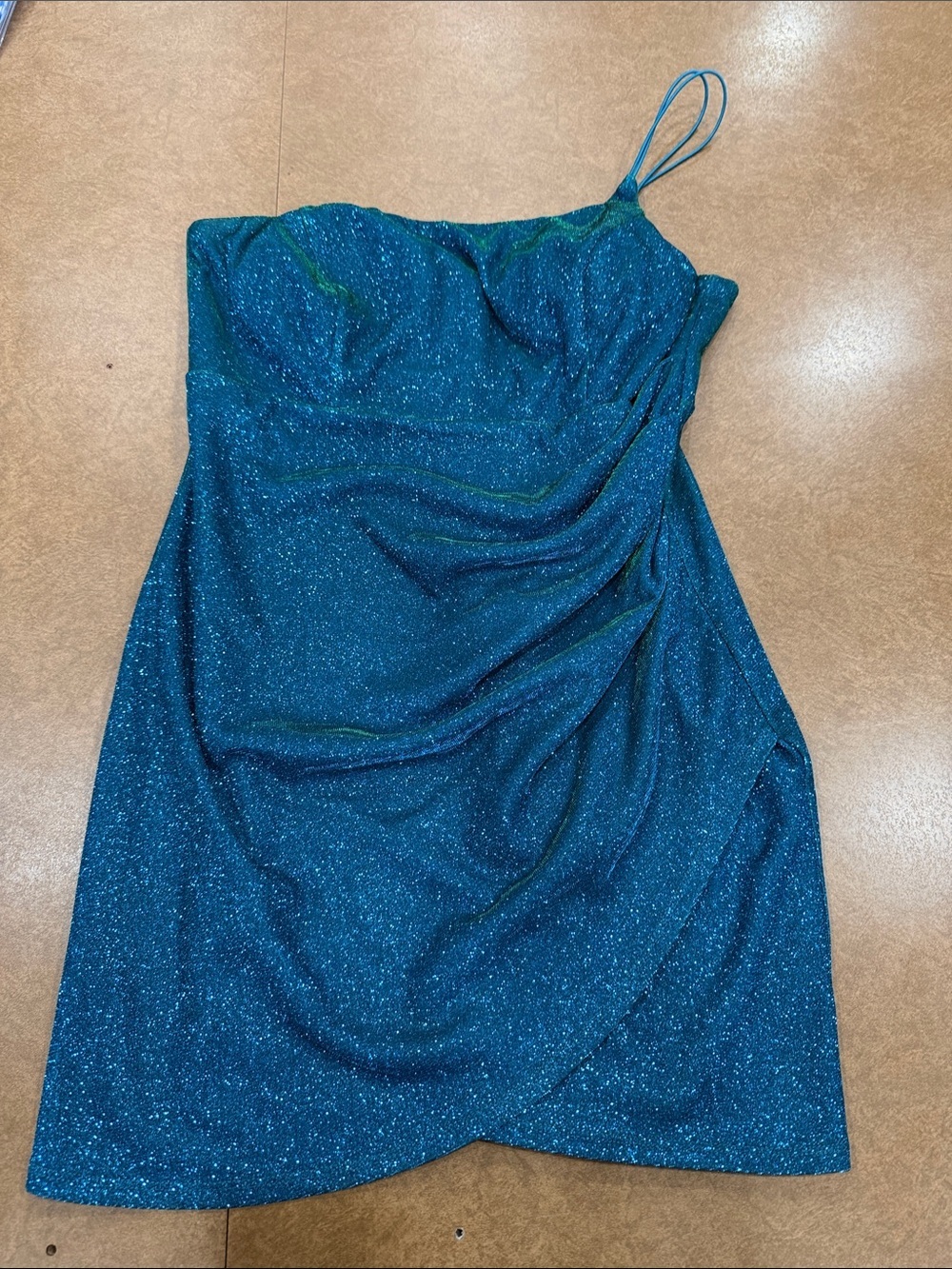 Windsor One Shoulder Asymmetrical Teal Sparkle Draped Mini Dress - Women XL